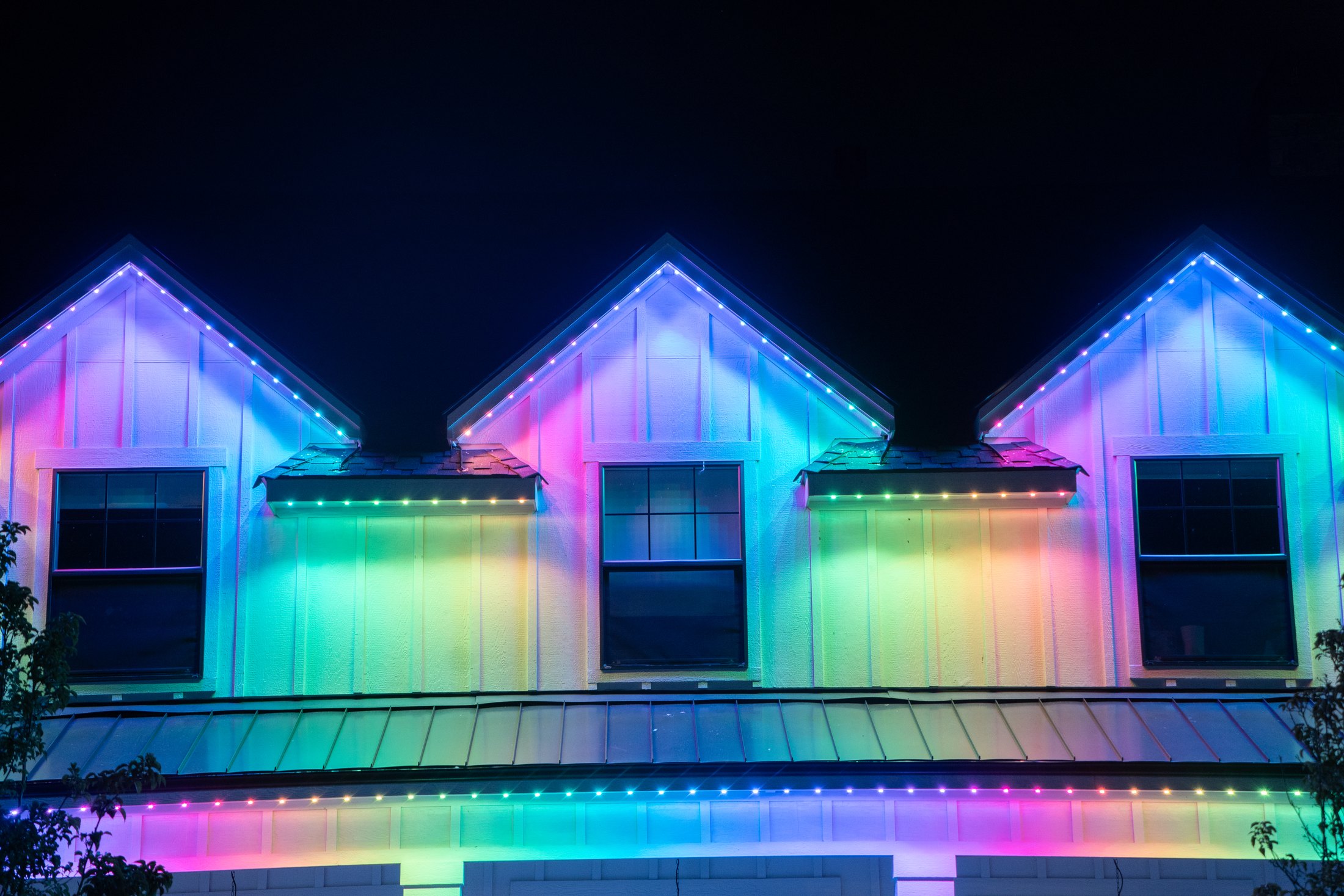 Up close at the gables — real permanent lighting installation